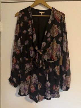Cotton Candy Black Floral Tie-Front Romper with Purple & Cream Roses